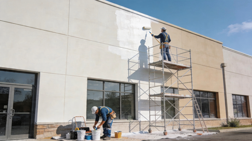 Painters working on a commercial building exterior